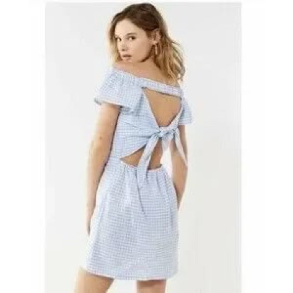 Cleobella Lou Lou Off the Shoulder Pastel Blue Gingham Mini Dress XS - Picture 2 of 8